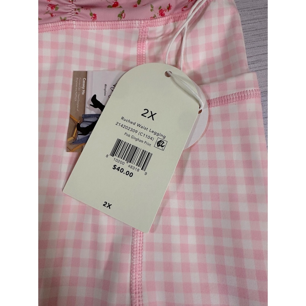 Blogilates Pink Gingham Ruched Waist Leggings Floral High Rise Pockets 2X NEW - Picture 3 of 5